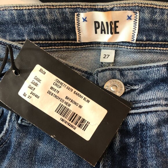 Paige Sarah Slim Crop High Rise Jeans Skysong Wash Destroyed Hem Denim 27 - Picture 4 of 5